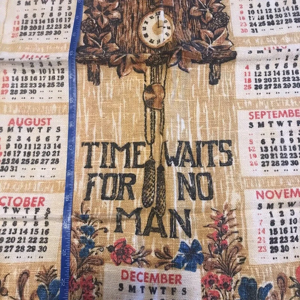 1965 Kitchen Calendar Tea Towel Cuckoo Clock Wall Hanging Granny Core MCM